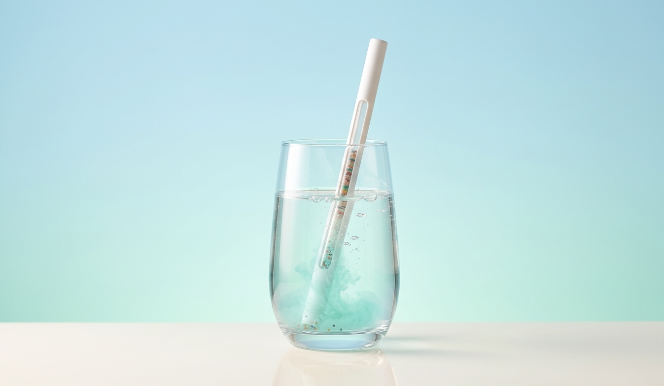 HydroSip electrolyte straw dissolving in a glass of water