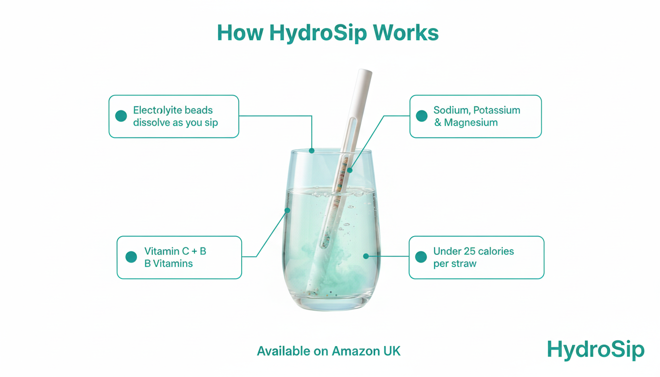 How HydroSip Works — electrolyte beads dissolve as you sip, delivering Sodium, Potassium, Magnesium, Vitamin C and B Vitamins, under 25 calories per straw