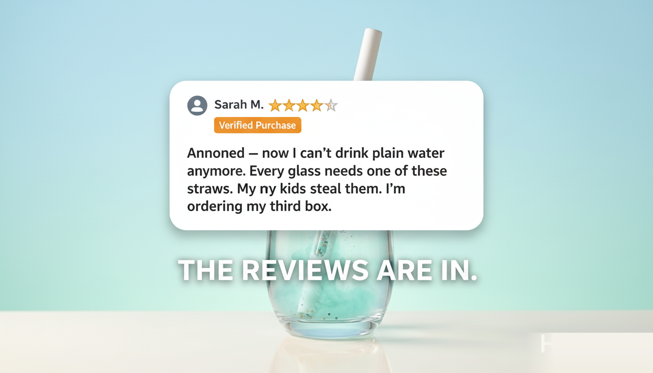 Verified Amazon review: Annoyed — now I can't drink plain water anymore. Every glass needs one of these straws. My kids steal them. I'm ordering my third box.