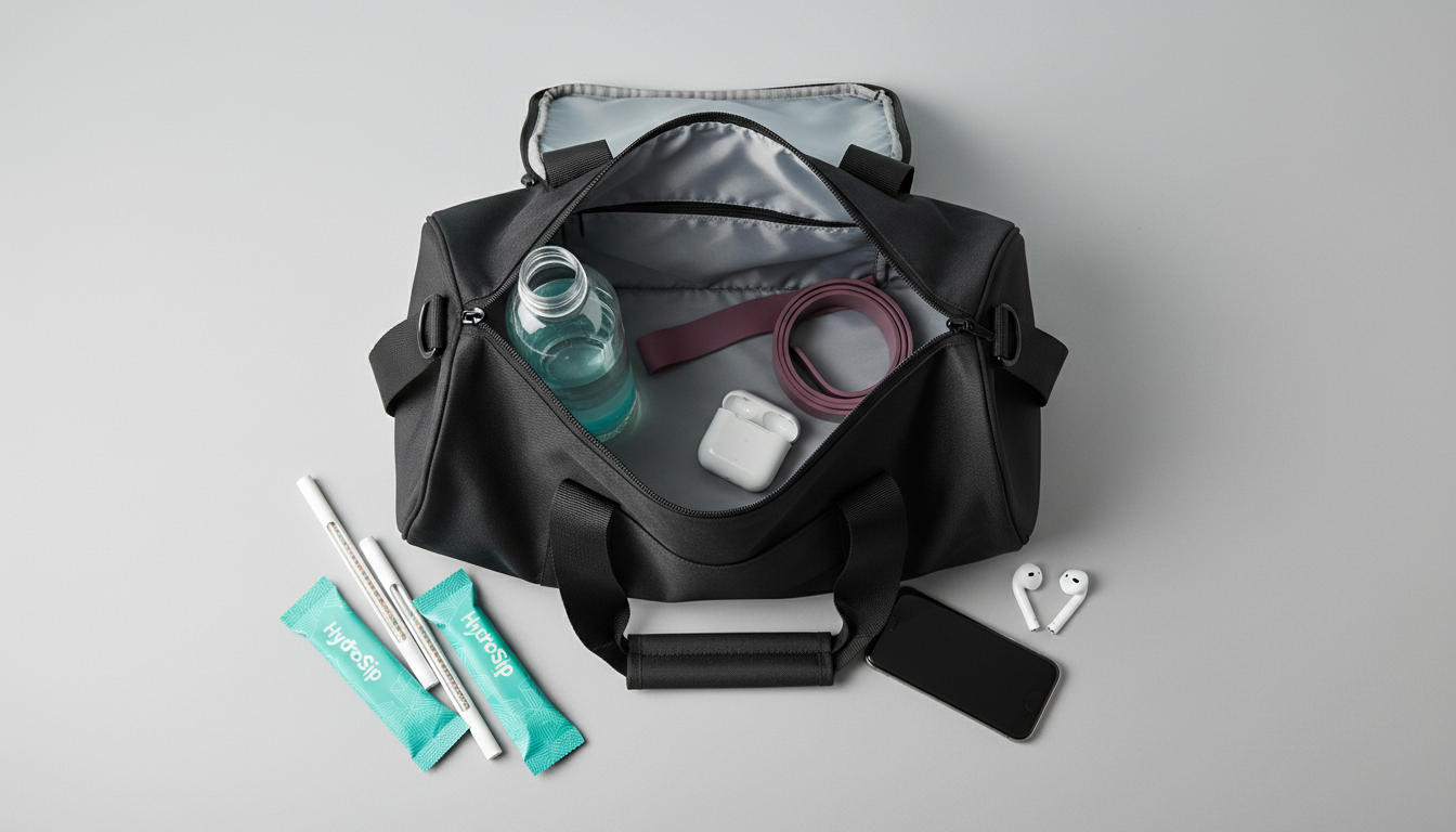 HydroSip straws in a gym bag flat lay