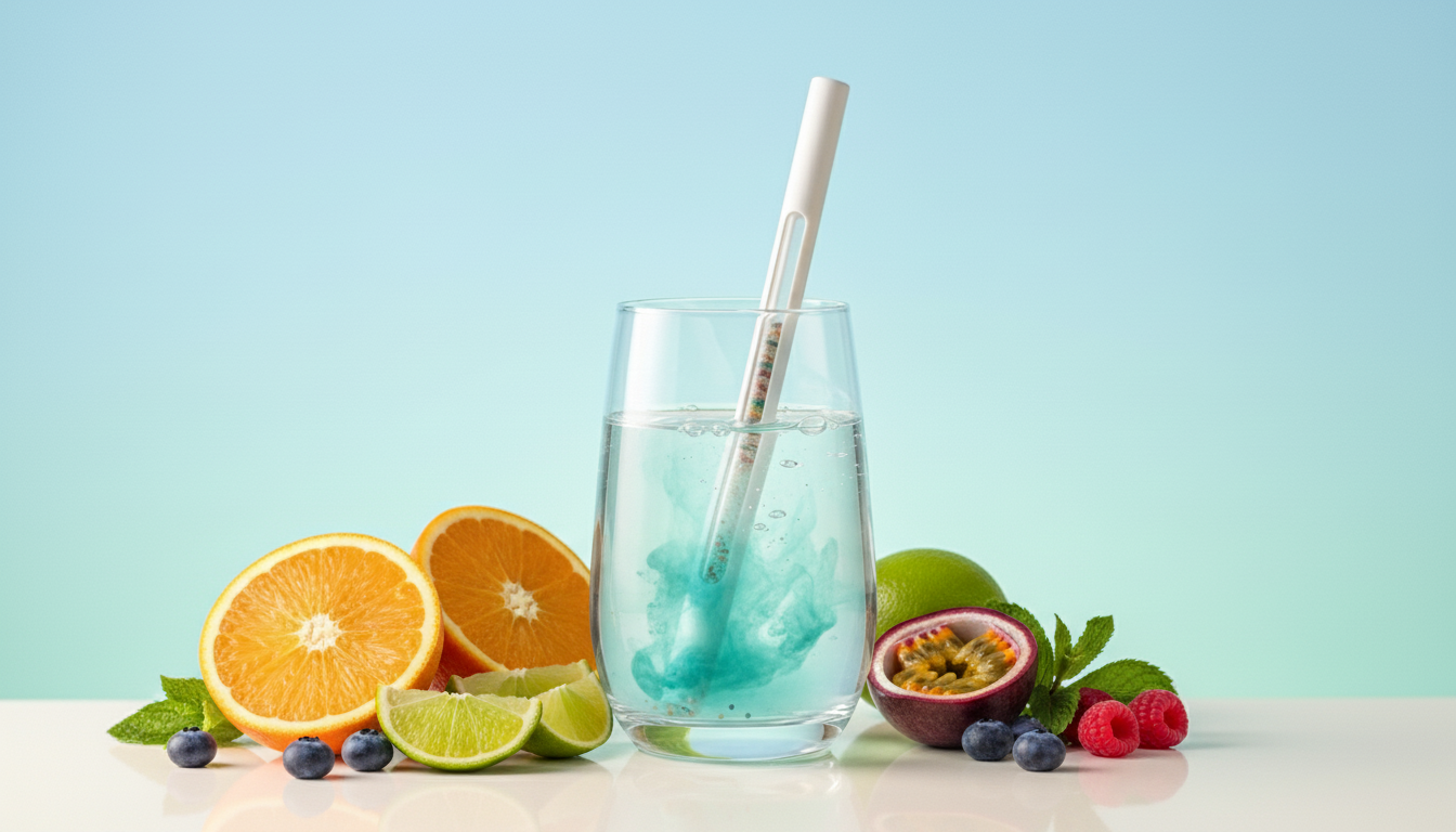 HydroSip straw in water surrounded by fresh tropical fruits