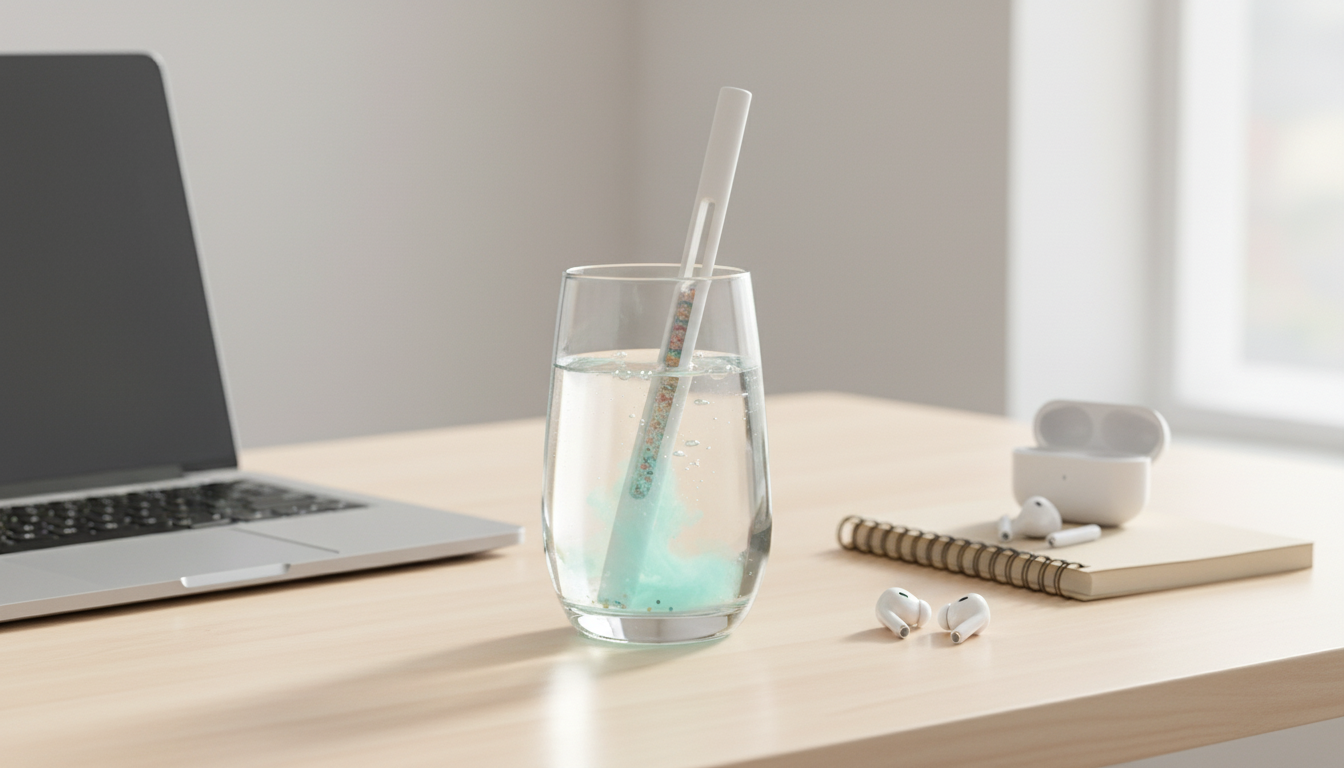 HydroSip straw on a desk with laptop